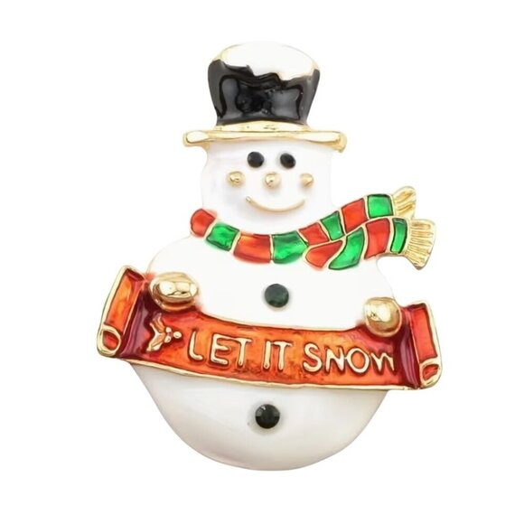 Betsey Johnson "Let it Snow" Enamel Snowman Christmas Brooch Gold Tone - Picture 1 of 3